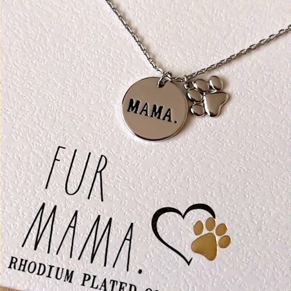Brand New Rae Dunn Fur Mama Rhodium Plated Over Brass Necklace Dog Cat Lover Paw - Picture 4 of 12